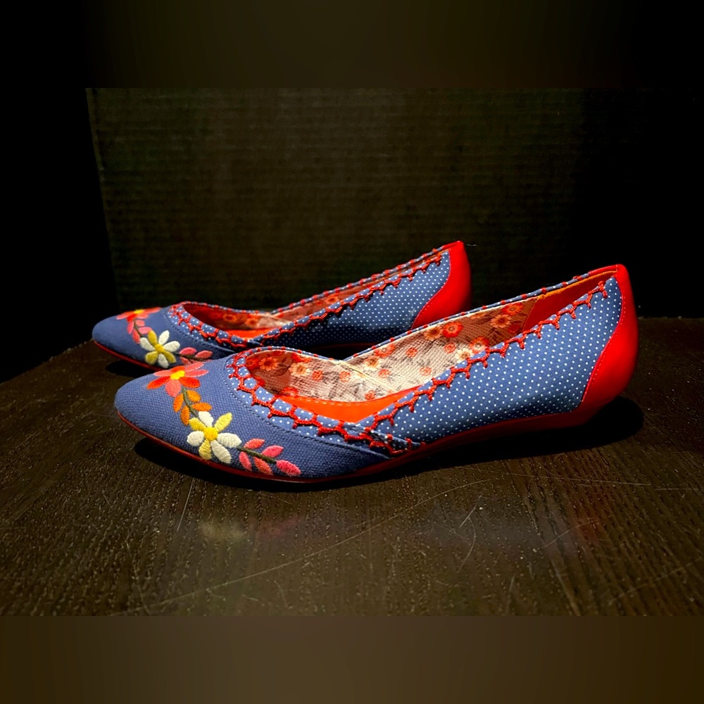 Poetic License Blue & Red Embroidered Polka Dot Ballet Flats